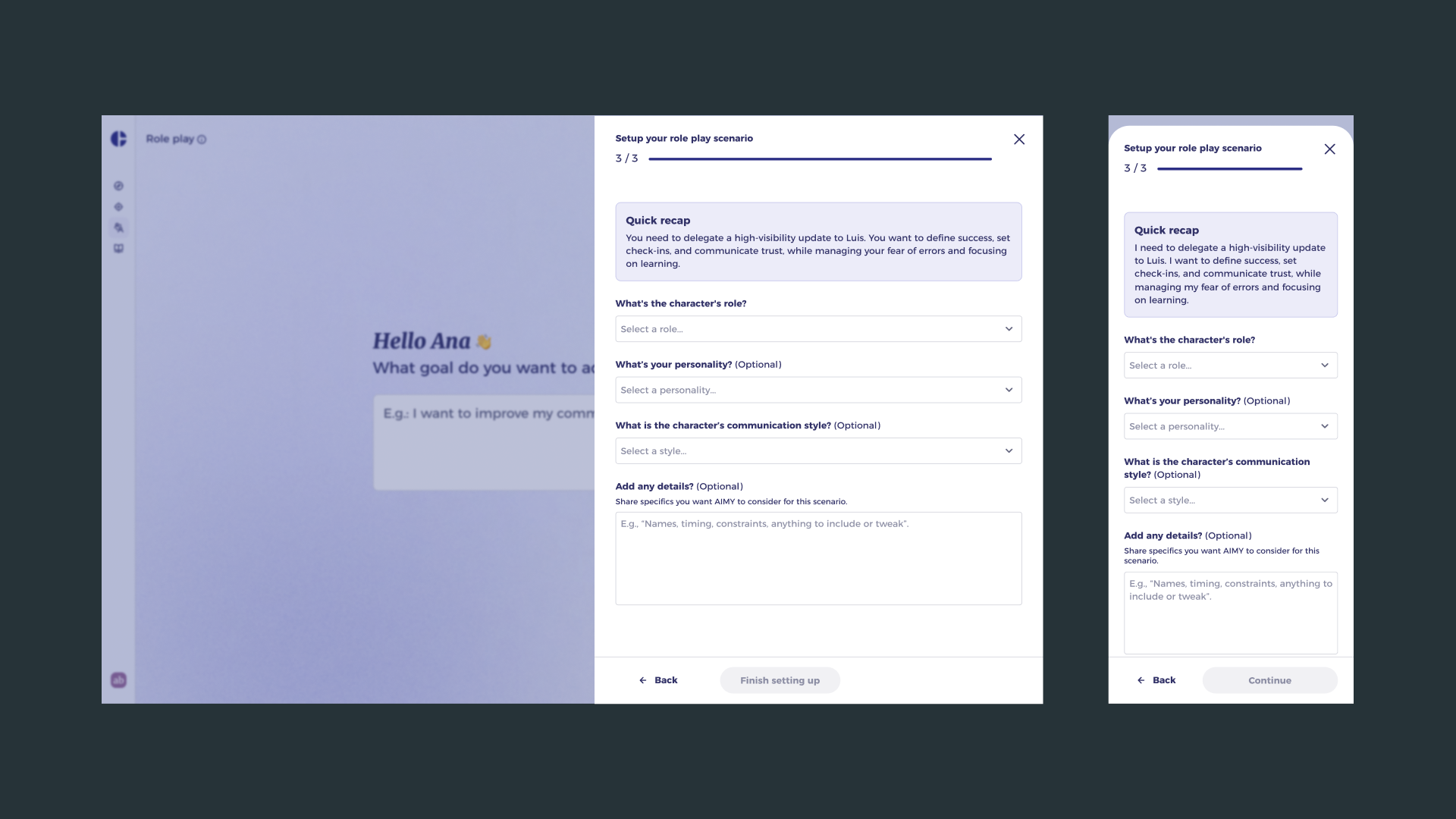 AIMY Role Play configuration drawer on desktop and mobile