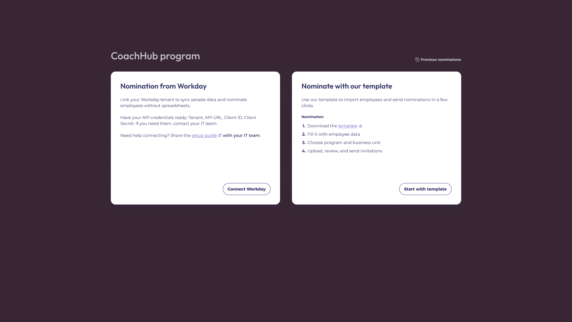Program Nomination Integration interface on CoachHub platform