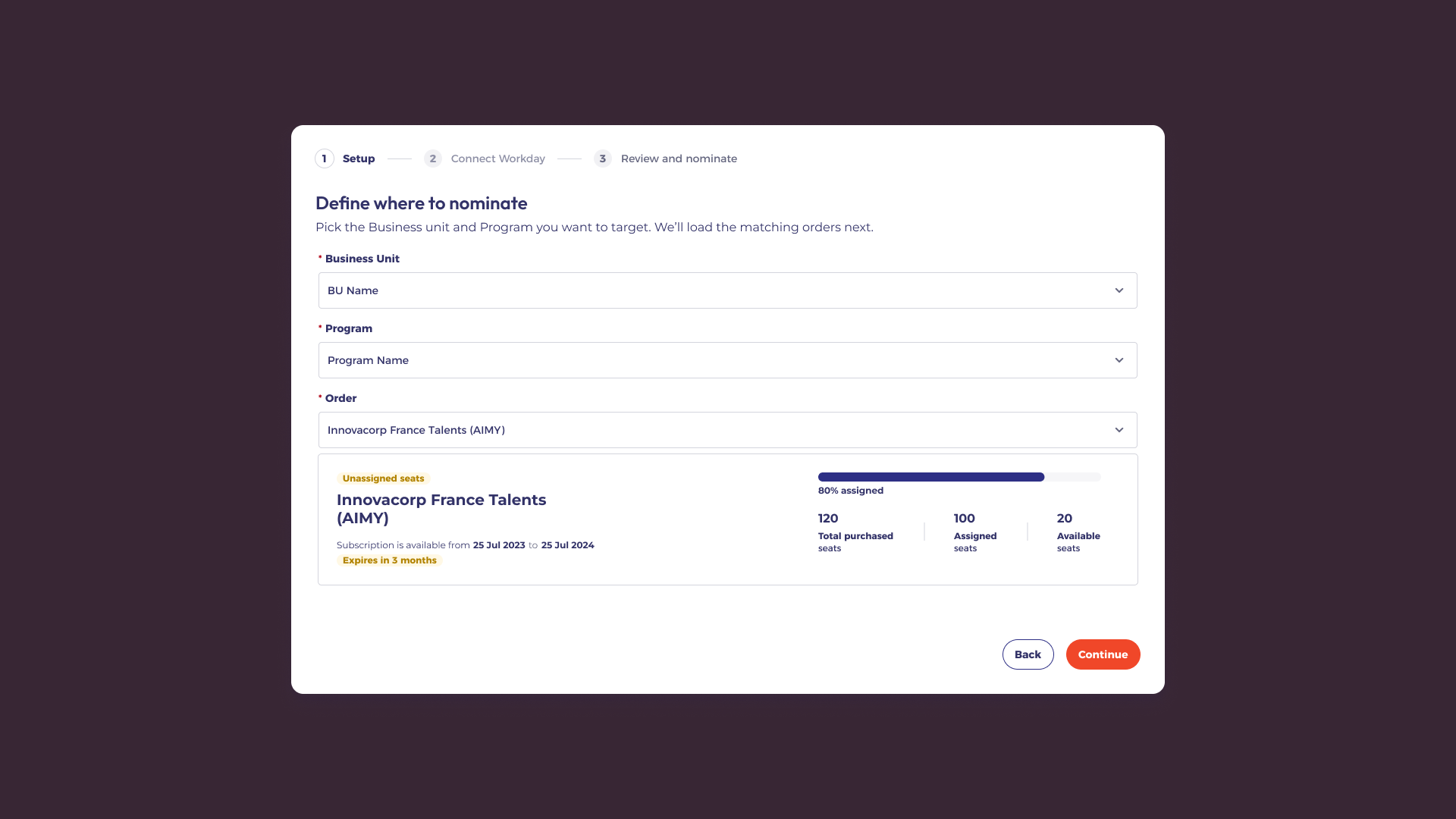Integration setup step: define business unit and program target in CoachHub