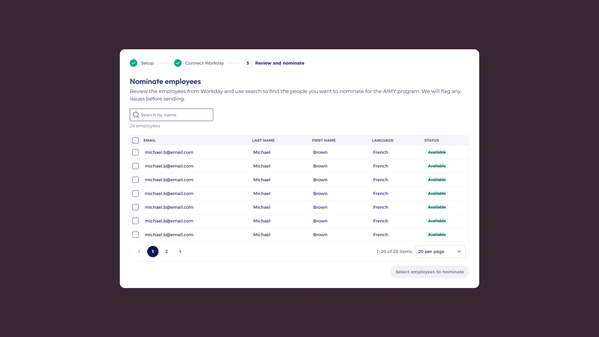 Employee nomination review: search Workday roster and flag issues before submitting to AIMY program