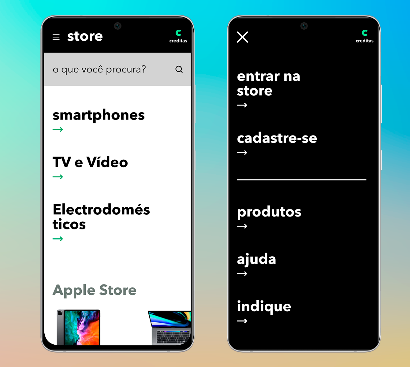Creditas Store home and navigation menu on mobile