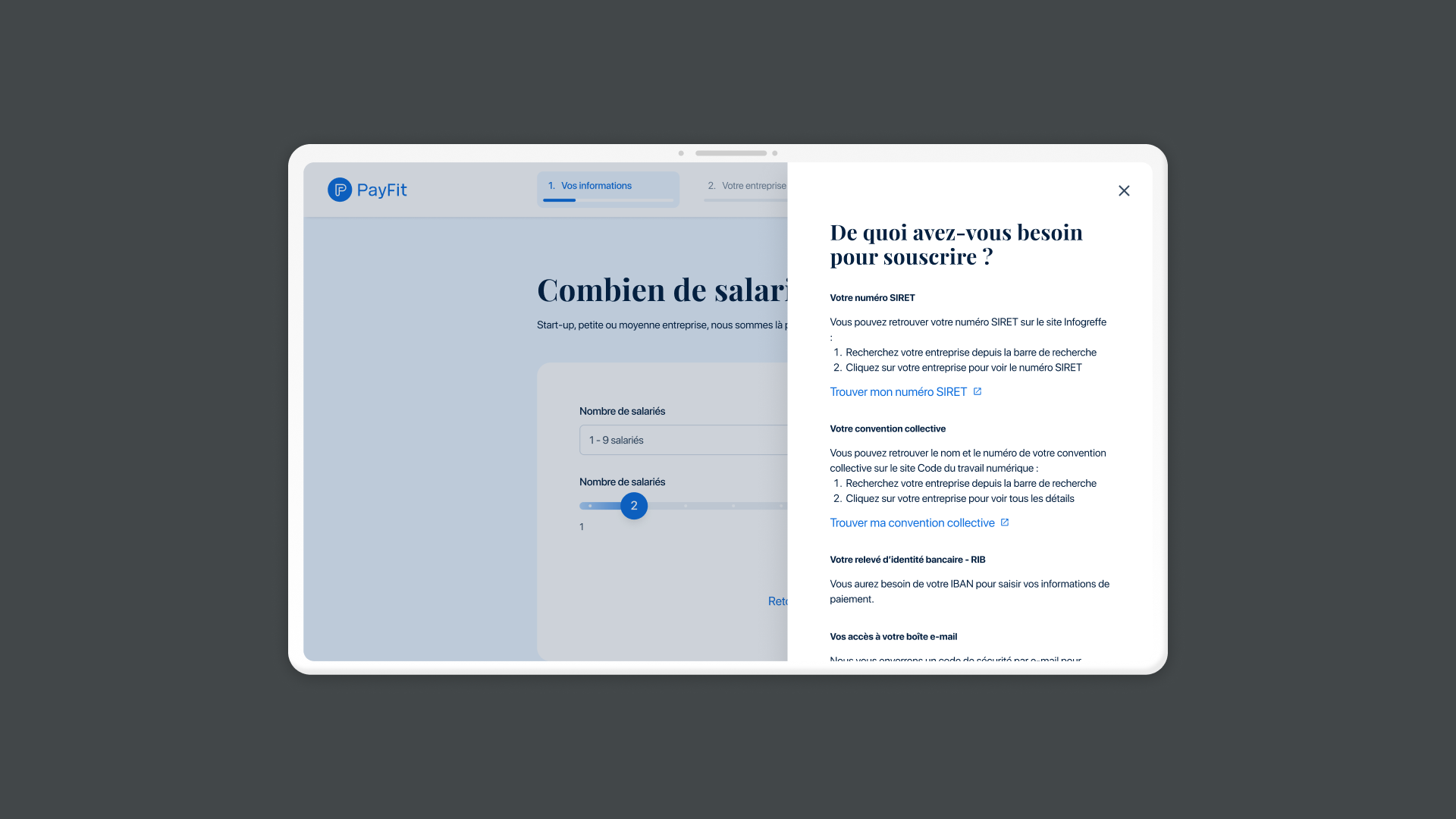 Welcoming drawer panel at funnel start